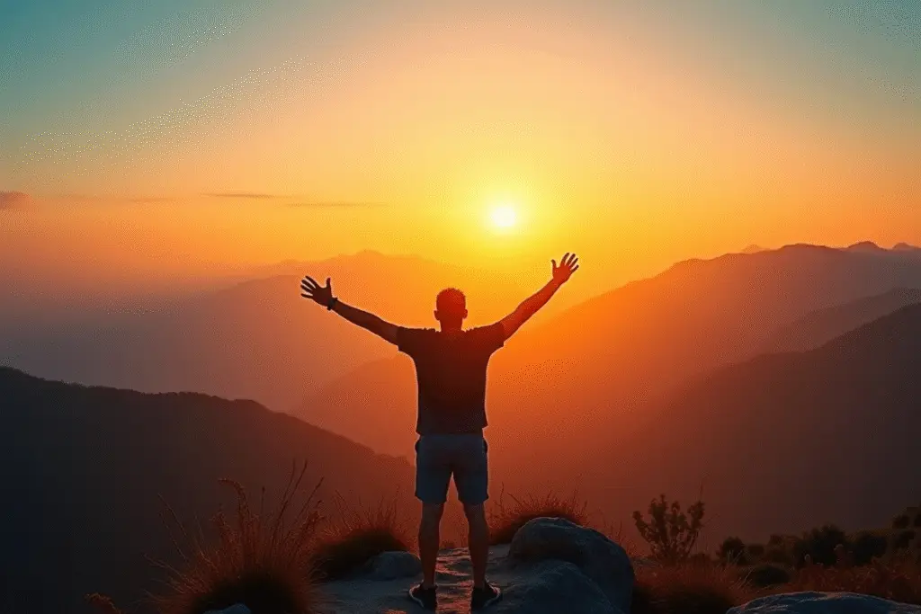 Person with outstretched arms on mountaintop at sunrise